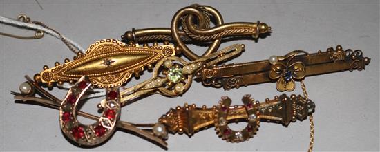 Six assorted late Victorian gold and gem set bar brooches including five 15ct gold and one unmarked gold.